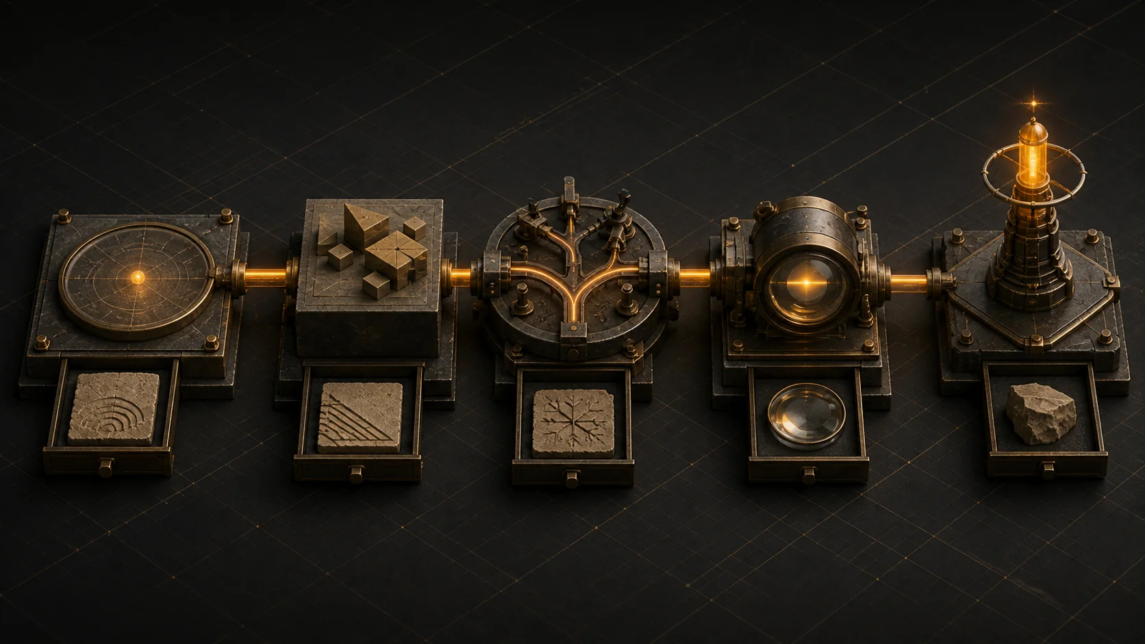 Five distinct evidence stations retain separate artifacts along one connected delivery signal.