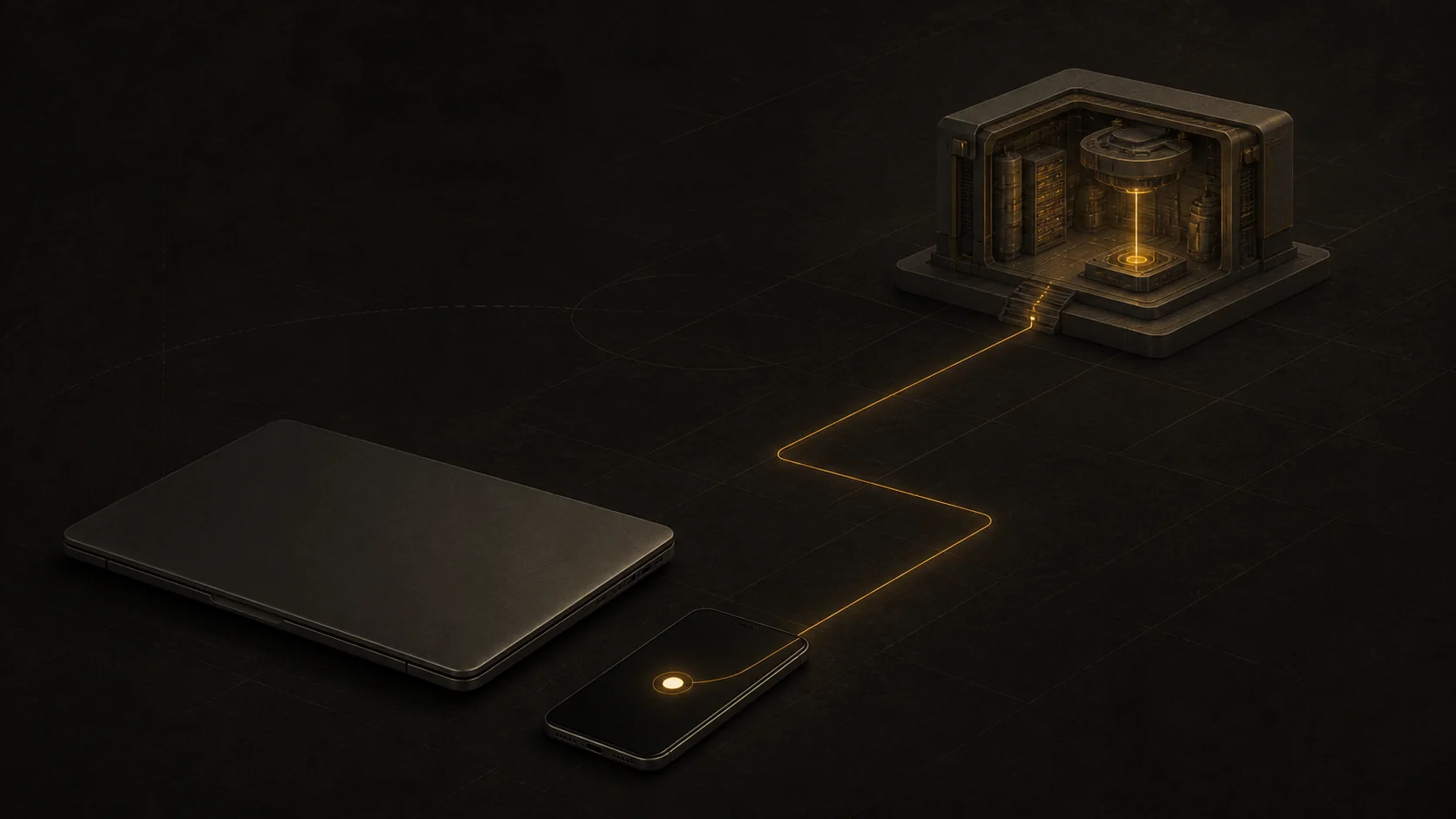 A closed laptop and phone connected by a thin amber line to an active remote sandbox.